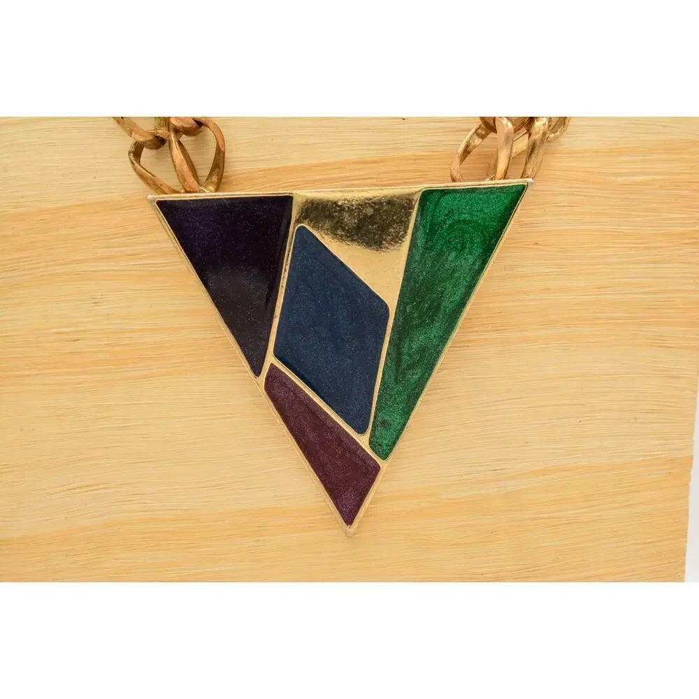 Vintage Multicolor Enamel Geometric Triangle Statement Necklace Gold Beaded BinY